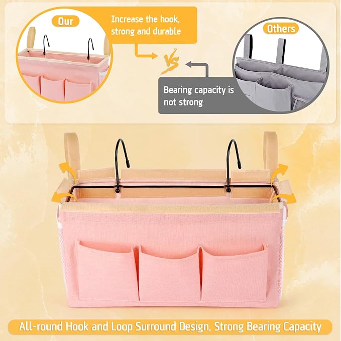 Lilithye Bedside Caddy Bedside Organizer Bedside Storage Caddy with Fixed Straps and Water Bottle Holder for Home College Dorm Bunk Bed Hospital Bed Crib Bed Rails (Pink)