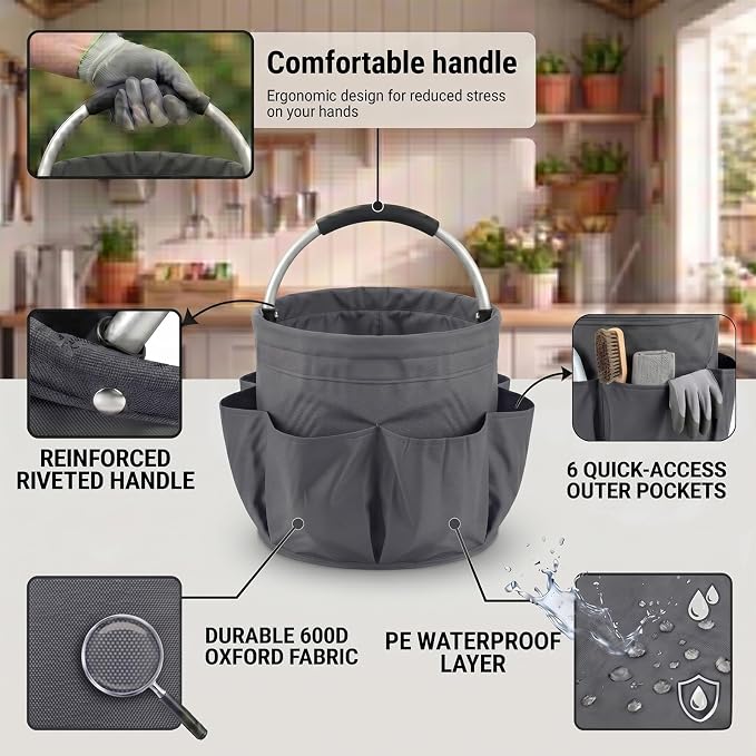 Foldable Cleaning Caddy with Handle 17L Large Cleaning Supplies Organizer 600D Oxford Portable Bucket Basket with 6 Pockets for Home Bathroom Garden Garage - Gray