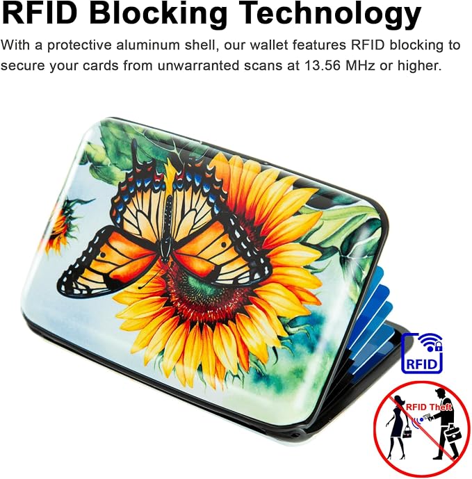 Credit Card Holder for Women Men RFID Blocking Wallet Small Business Metal Slim Mini Aluminum Hard Case (Sunflower Butterfly)