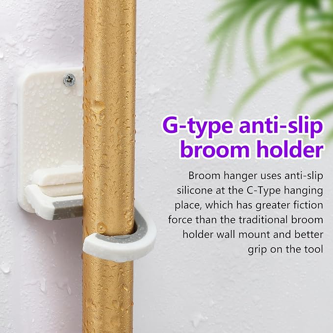Broom and Mop Holder Wall Mount, Heavy Duty Screw Drilling Gripper Rack Supports up to 10 lb for Kitchen, Laundry Room, Garage, and Garden Storag (4, White)