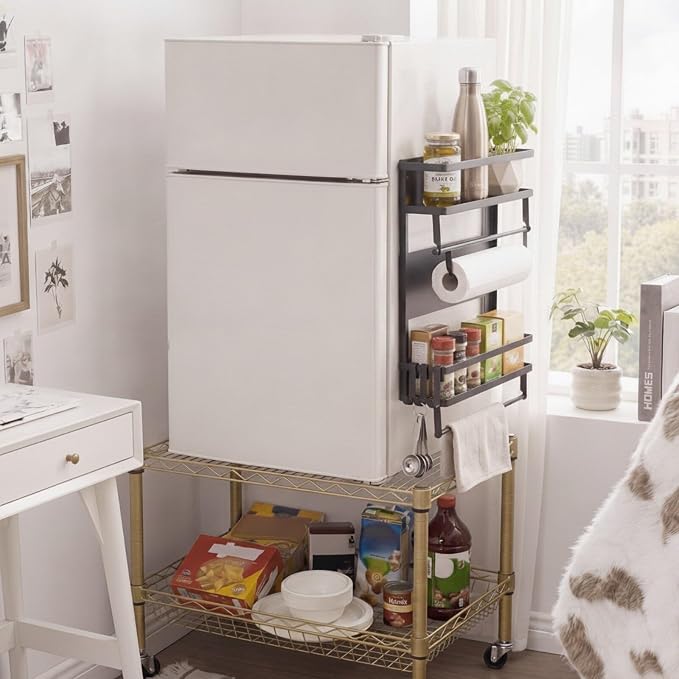 Vercraft Magnetic Dorm Fridge Organizer Heavy Duty Metal 66lbs over Dorm Fridge Shelf Essentials Side of Fridges Paper Towel Holder with Storage Shelf Hooks Magnetic Spice Rack for Room Kitchen(Black)