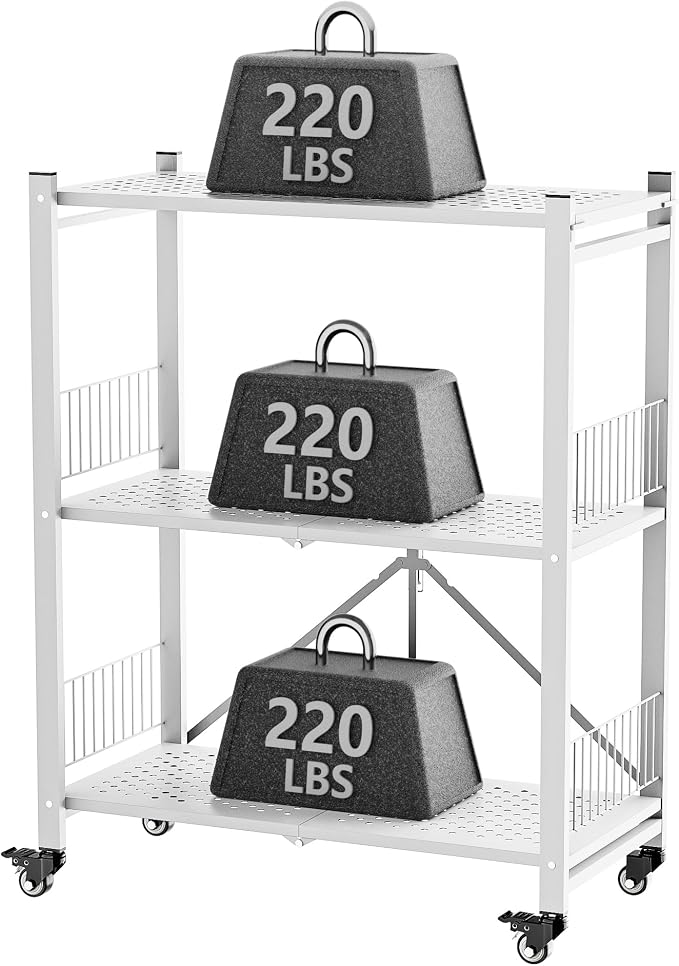 Folding Storage Shelves No Assembly, 3 Tier Foldable Shelves with Wheels, Collapsible Rolling Storage Rack for Pantry Laundry Room Small Spaces, White