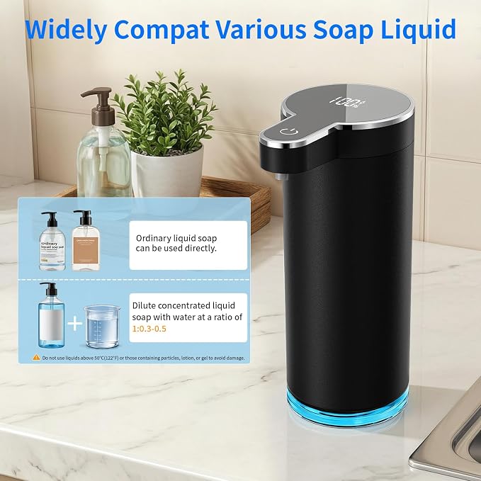Automatic Liquid Soap Dispenser, 304 Stainless Steel Bottle Body &12 oz/350ml Rechargeable, 4 Adjustable Liquid Levels, IPX5 Waterproof for Bathroom,Kitchen,Hotel(Stainless Steel for Liquid Soap)