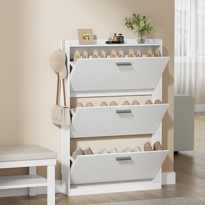 Shoe Cabinet Organizer with 3 Flip Drawers, Freestanding Shoe Rack Cabinet, 31.5" W × 6.3" D × 47.2" H Narrow Shoe Cabinet Storage for Entryway, Foyer, Hallway, White