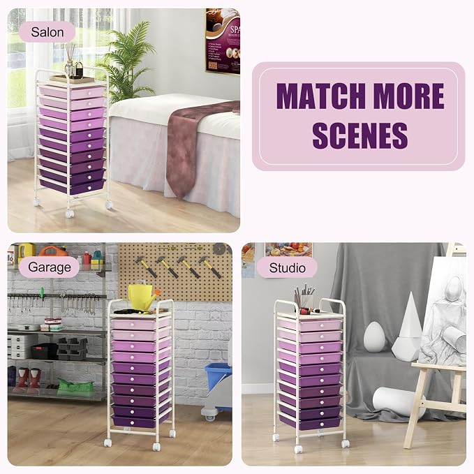 DREAMADE Rolling Cart with Storage Drawers, Utility Cart w/Removable Plastic Drawers, Lockable Wheels, Art Cart for Classroom Organization Art Supplies Office Scrapbook (10 Drawers, Gradient Purple)