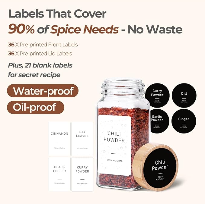 ComSaf Glass Spice Jars with with Labels 4 oz 24 Pack Bamboo Lids Bulk Set | Empty Containers, Seasoning Herb Powder, Salt Pepper Chili, Spice Rack Organization, Kitchen Cabinet Storage, Funnel Included