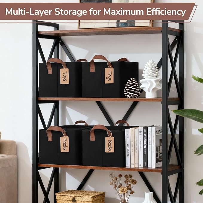 CHICVITA 4 Pack Storage Baskets for Shelves, Collapsible Fabric Closet Storage Bins with Metal Frame, Towel Organizer for Living Room, 14.8" x 10.3" x 8.3", Black