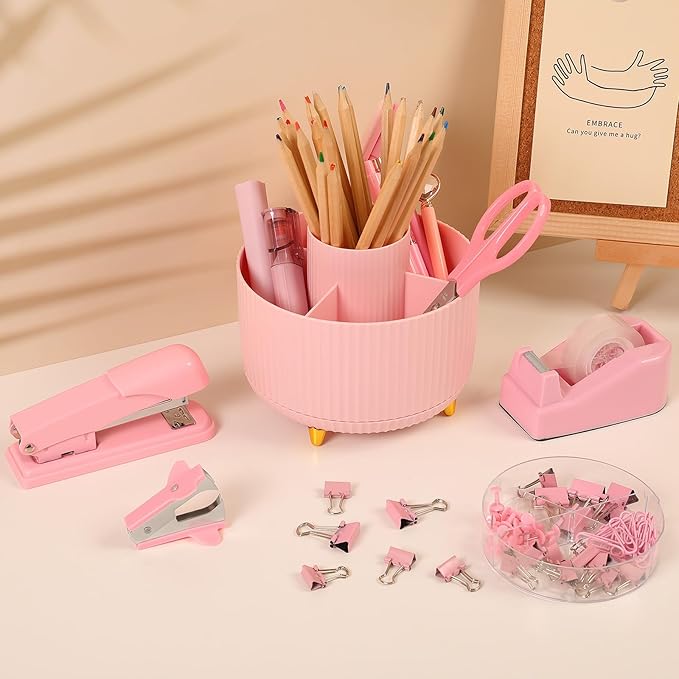 SKYDUE Pink Desk Accessories 10Pcs, Rotating Pen Holder for Desk, Stapler, Staple Remover, Tape Dispenser,2pcs Tape Refills, Binder Paper Clips Kit, Scissor,Pink Office School Supplies