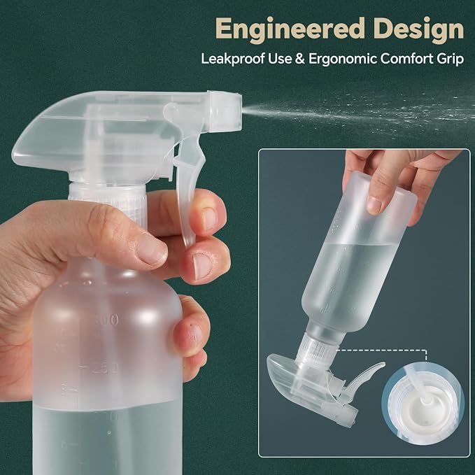 Leakproof Spray Bottles (2 Pack 10 oz), Adjustable Fine Mist & Jet Stream Nozzle, Premium BPA-Free Frosted Plastic Multi-Purpose for Hair, Plants, Cleaning (2 PACK FROSTED GREEN)