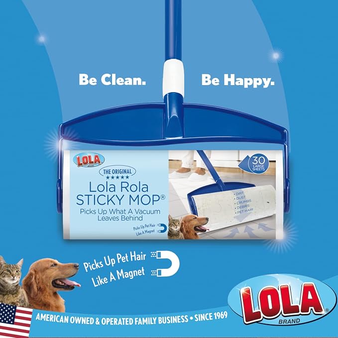 LOLA Rola PET Hair Remover Sticky Mop, Giant Floor Lint Roller, 9.5" x 3.5", Extender Handle, Largest Head, Traps Hair, Dust, Dirt, Extra Sticky Sheets