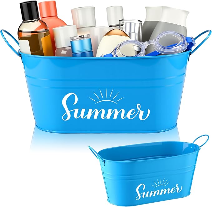 Blulu Summer Storage Bucket Metal Poolside Basket Above Ground Pool Bin Summer Basket Outdoor Storage for Sunscreen Goggles Flip Flop Spf Swimming Camping Beach Accessories Decor(Blue)