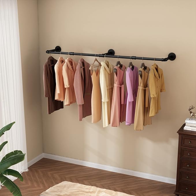 Wall Mounted Clothes Rack 72.5in, Industrial Pipe Clothing Racks Wall Mount, Heavy Duty Detachable Iron Garment Bar, Saving Space, Multi-Purpose Hanging Rod for Bedroom, Laundry Room, 1 Pack