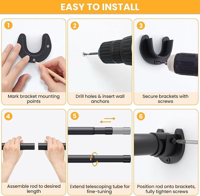 Closet Rods for Hanging Clothes, 17-84 Inch No-Cut Stepless Adjustable Closet Rod, 1.3 Inch Heavy Duty Metal Closet Hanging Rod with Brackets, Black Closet Bar for Closet, Laundry Room, RV, Wardrobes