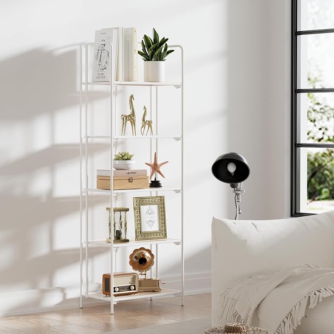 Crofy 5-Tier Foldable Bookshelf, White Frame & White Oak Shelves | No-Assembly Collapsible Portable Storage Organizer; Sturdy White Oak Finish Shelves; Ideal for Living Room & Home Office