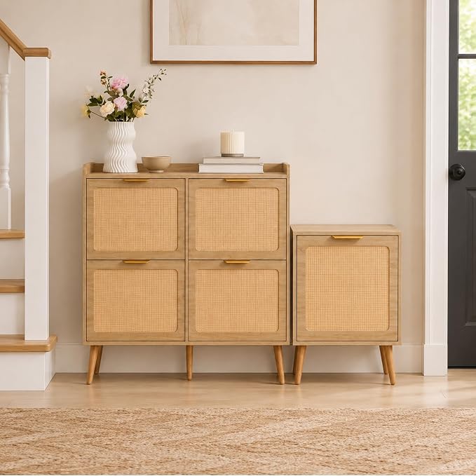 Shoe Storage Cabinet for Entryway, Slim Freestanding Rattan Shoe Cabinet with 3 Flip Drawers, Hidden Shoe Organizer Cabinet, Narrow Shoe Rack , Farmhouse Design (4 Flip Drawer - Breathe Rattan)