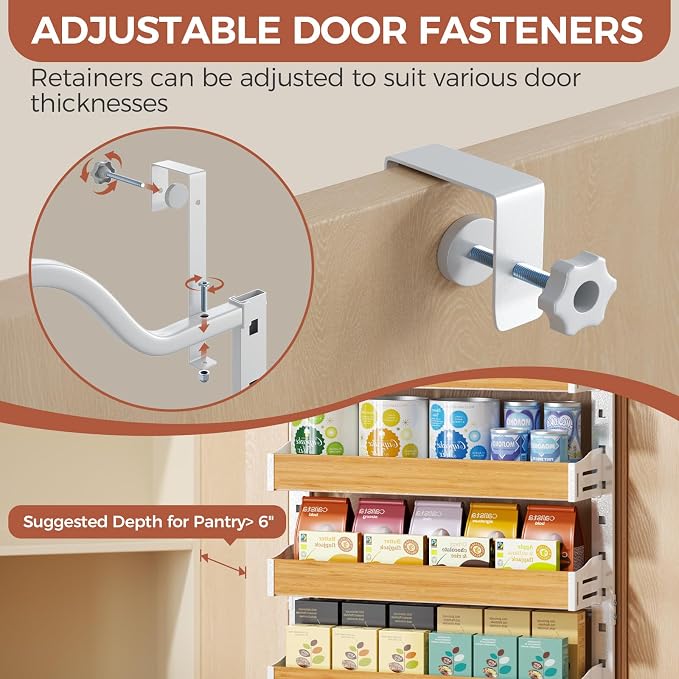 8-Tier Pantry Door Organizer, Over the Door Pantry Organizer with Wooden Adjustable Baskets, 2 IN 1 Spice Rack Wall Mount or Door Organizer, Door Spice Rack for Pantry（72.6×17.1×5.1in,White)