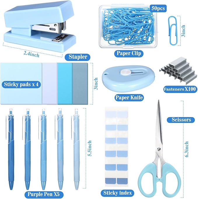 Mini Blue Office Supplies Kit Blue School Supplies Christmas Gift Desk Accessories with Gel Pens Sticky Notes Stapler Scissor Paper Clips Index Tabs Box Cutter for Christmas Gifts Office