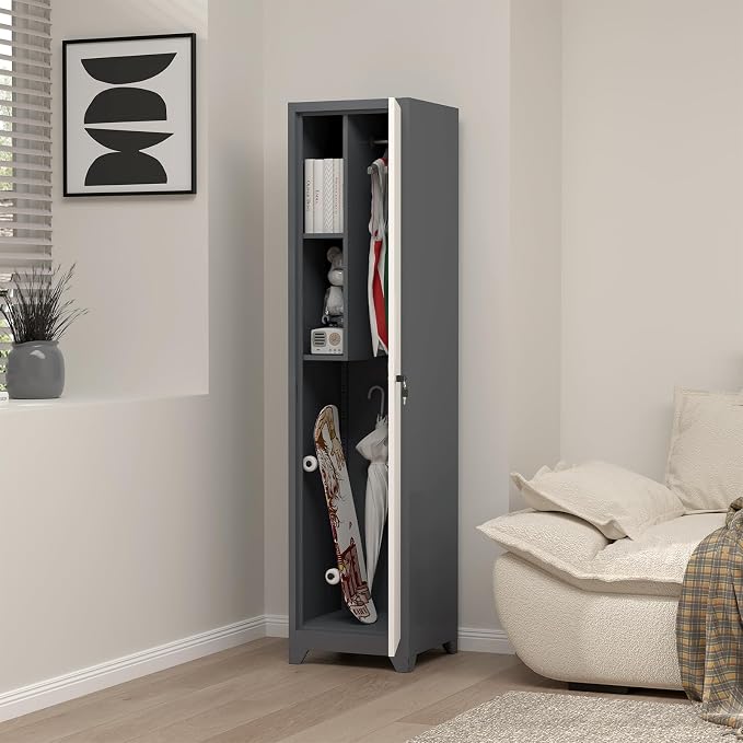 Metal Broom Storage Cabinets, Narrow Cabinet with Hooks, 65" Slim Bathroom Storage Cabinet with Shelves, Heavy-Duty Cleaning Cabinets for Utility Room, Gym, Office, Garage