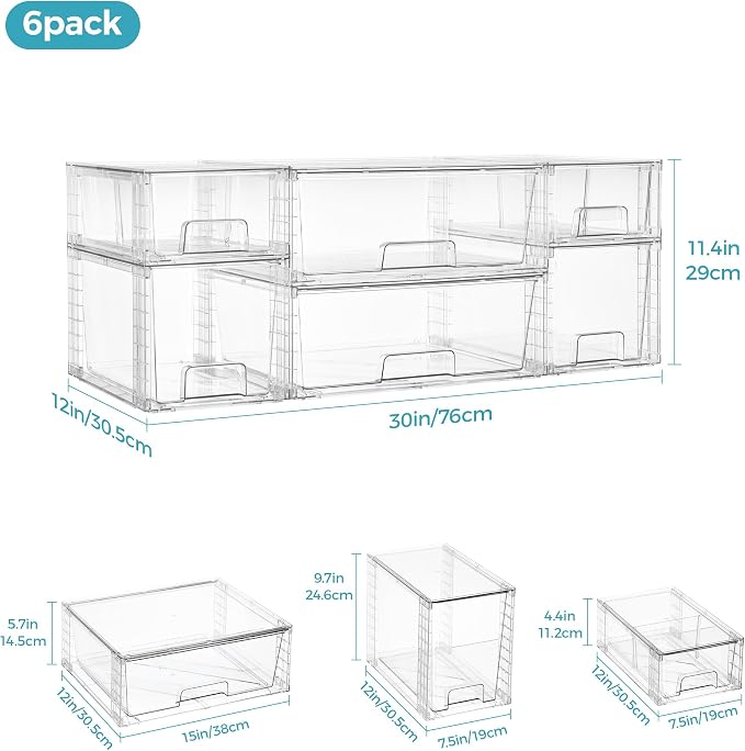 Vtopmart 6 Pack Clear Stackable Storage Drawers,Easy to Assemble Pantry Organizers and Storage with handles,Plastic Drawers for Kitchen Pantry,Cabinet,Under Sink Organization