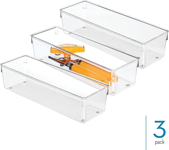 iDesign Plastic Drawer Organizer Bins, Set of 3, Clear | Storage for Kitchen, Storage for Bathroom, Storage for Desk Drawers