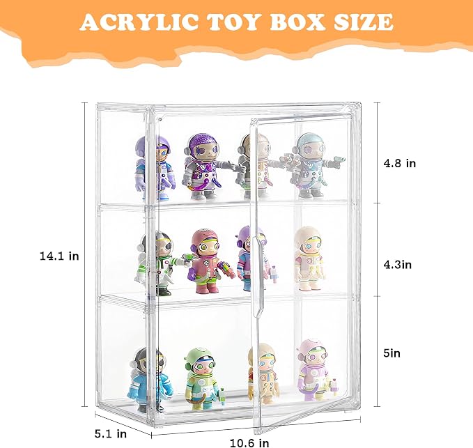 Clear Acrylic Display Case for Figures&Collectibles,3 Tier Lego Labubu Toy Box, Desktop or Storage Bin with 2 Removable Shelves,Figurine Display Shelf,Stackable Display Cabinet for Collectibles-1 Pack