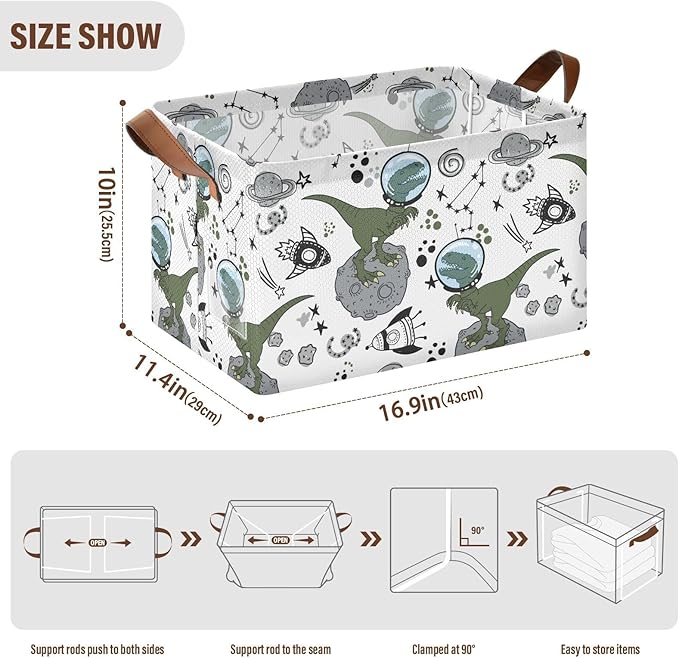 Space Rocket and Dinosaur Storage Basket Foldable Cube Storage Bins with Handles&Label Waterproof Collapsible Organizer Box Bin Large Rectangle Decorative Baskets for Shelves Home Room Laundry-2 Pack