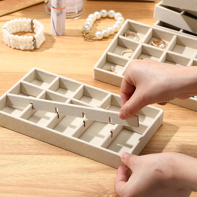 Highergo 8 Pcs Velvet Jewelry Trays Stackable Drawers Organizer Ring Earring Bracelet Necklace Storage Trays, 8.3x4.7x1''(15 Grids)