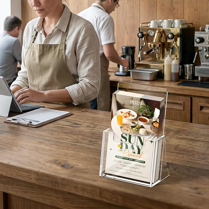 Acrylic Brochure Holder 4 Inch, 6 Pack, 4''x9'' Stand, Countertop Organizer | Clear Brochure Display Stand, Plastic Pamphlet Holder, Flyers, Literature, Magazines, Booklets, Journals, Desk Holder, Office