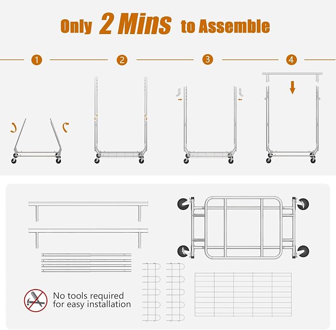 Gewudraw Clothes Rack Heavy Duty Load 900 Lbs With Wheels,Commercial,Chrome | Double Rod Rolling Clothing Rack, Adjustable | Portable | Collapsible, Hooks,Shelf,Garment Rack for Wardrobe,Bedroom,Silver