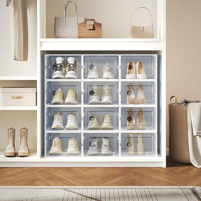 DUMOS Shoe Storage Boxes, 15 Pack Stackable Clear Shoe Containers with Lids, Display Sneaker Case Organizer for Closet, Under Bed, Entryway,White, Fit Size 11