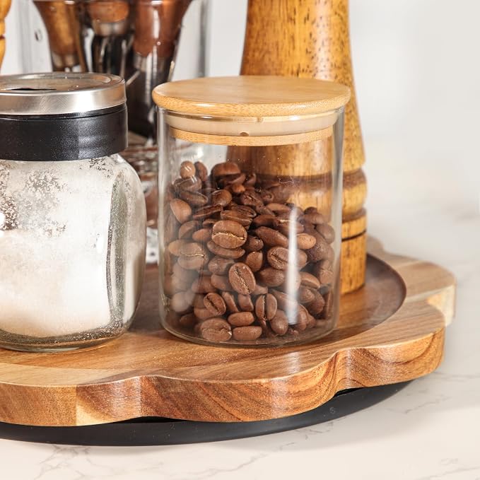 WLWNWFT Lazy Susan Turntable Organizer 10in, Acacia Wood Flower Shape Rotating Tray Cabinet Pantry Kitchen Countertop Refrigerator Cupboard Condiment Storage, Spice Rack, Pantry Organiser