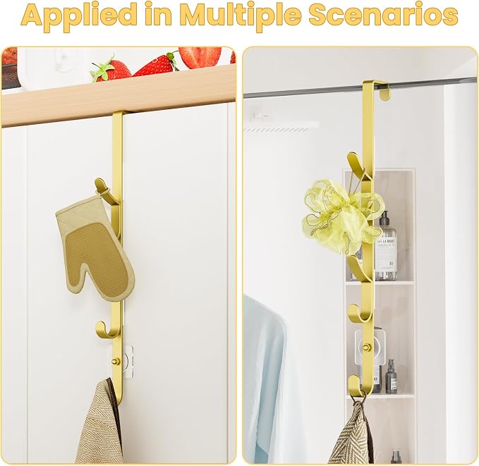 Kaiferty Over The Door Hooks, Metal Door Hooks for Hanging, Over The Door Purse Organizer for Door Coat Hanger, Back of Shower for Hanging Towel Rack Clothes, Hat, Bathroom, Closet (Gold-2Packs)