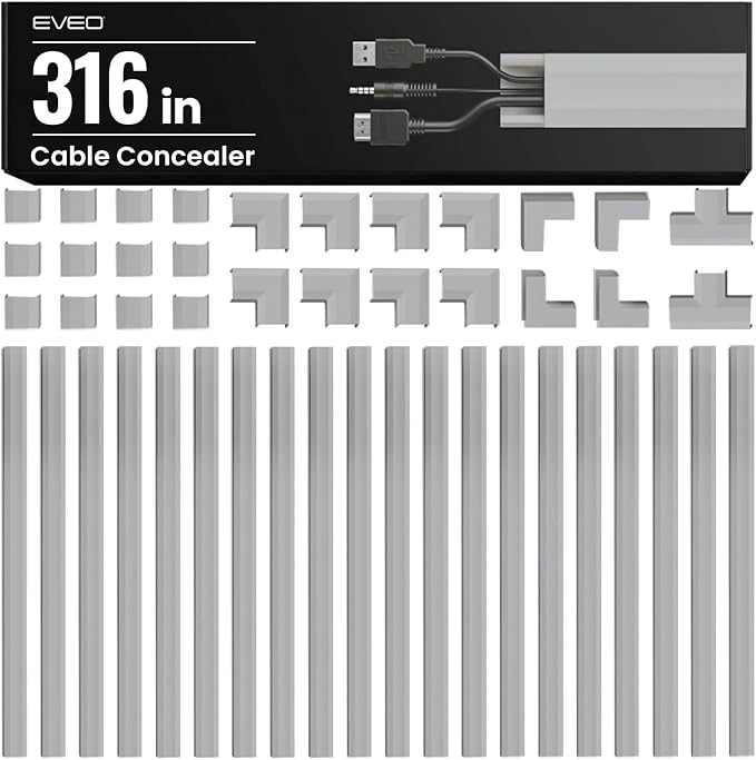 EVEO Cable Hider Wall 306” - Cable Raceway Cord Hider - Wire Covers for Cords on Wall, Cord Cover, Wall Cable Hider, Cable Concealer, Wire Hiders for TV on Wall - 20X (L16 W0.95 H0.5) - Medium | Grey