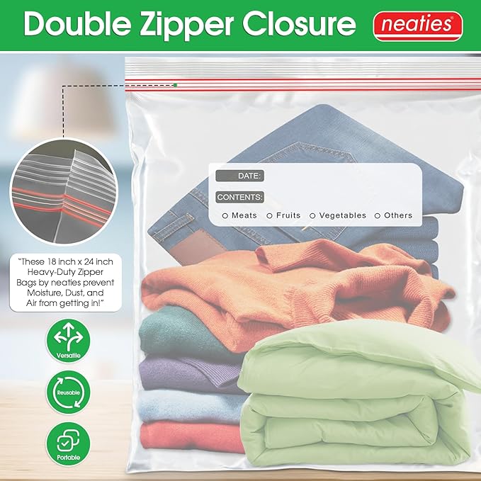 Neaties 5 Gallon Resealable Bags – Heavy Duty Jumbo Freezer Bags with Dual Zipper – 18x24" Extra Large with Writable Space for Kitchen or Home Storage – BPA-Free Food Grade Plastic – 14 Pack