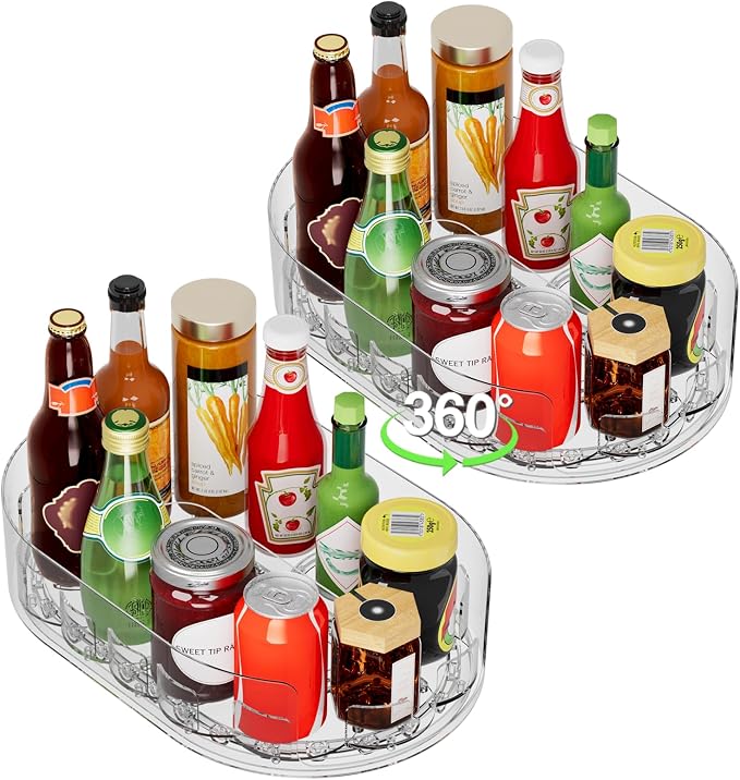 Lazy Susan Organizer for Refrigerator, 13" x 8.5" Clear Rectangular Fridge Organizer Turntable for Condiments, Spice Racks Organizer for Cabinet, Pantry & Kitchen Countertop(2 Piece)