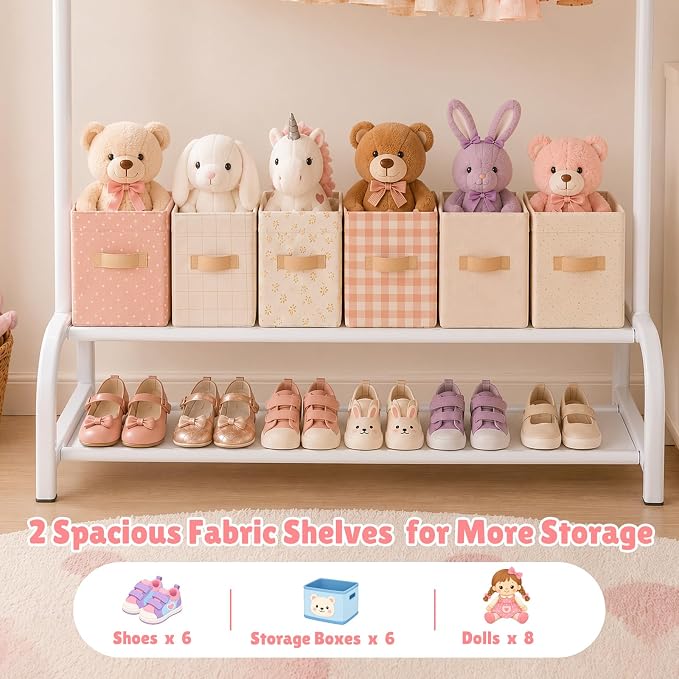Kids Clothing Rack with 2 Fabric Storage Shelves & Hooks, Portable Kids Clothes Rack for Coats Skirts, Small Toddler Hanging Clothes Organizer, Kids Closet Storage Unit, Off White