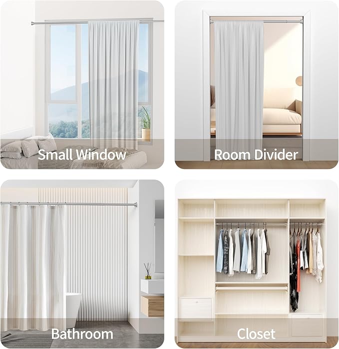 Mcrbeay Shower Curtain Rod, 1" Diameter Heavy Duty Tension Shower Rod, Non Slip Adjustable 28-46 inch No Drilling Shower Curtain Rods Spring Tension For Bathroom, Shower Stall, No Rust, Silver