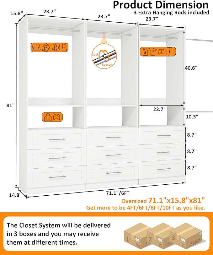 Closet System, 4FT-5FT-8FT Free Standing Closet Organizer With Drawers Wooden, Walk in Closet System with 5pcs Hanging Rods and Shelves Storage, Closet Built in System Wardrobe Organizer, White