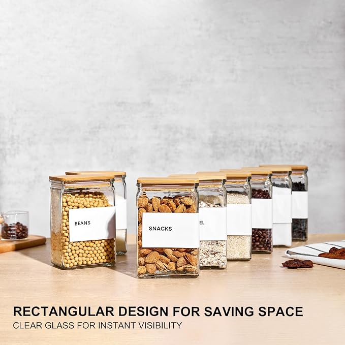 Glass Storage Jars with Bamboo Lids, 27oz Square Spice Jars for Kitchen Pantry Organization, Glass Seasoning Bottles Spice Containers with Labels for Cereal Flour Beans Tea