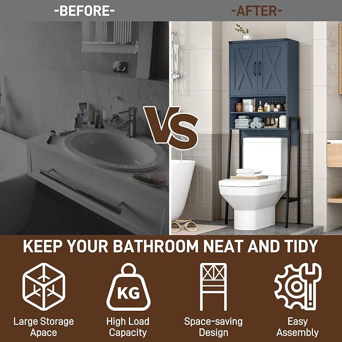 Vabches Over The Toilet Storage Cabinet, Farmhouse Over Toilet Storage Cabinet, Metal Frame with 2 Barn Doors, Home Space-Saving Toilet Rack for Bathroom, Toilet, Laundry Room.Blue