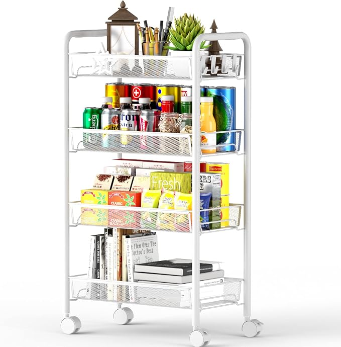 4-Tier Mesh Rolling Cart - 35 BLS/Tier Full Metal Cart with Wheel & 4 Hooks | Space-Saving 140bls Capacity Storage Organizer Crafts Utility Cart for Kitchen Pantry Office Bathroom Laundry Nursery, White