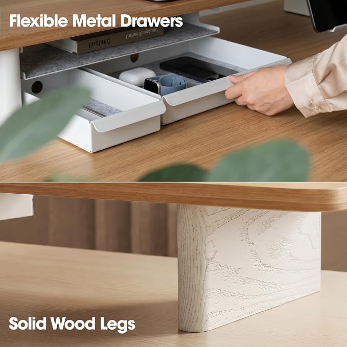 Fenge 42.5" Monitor Stand with Storage Drawers, Minimalist Monitor Riser with Solid Ash Legs and Cable Management, Wooden Desk Shelf for Home Office Workspaces, Dark Oak