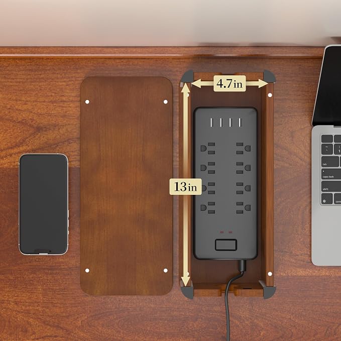 Delamu Wooden Cable Management Box, Retro-Inspired Cord Organizer Box for Home Office, Large Cord Hider Box Hides Floor Cord and Power Strips, Floor Cord Covers, 14.3" x 6.0" x 5.5", Dark Brown