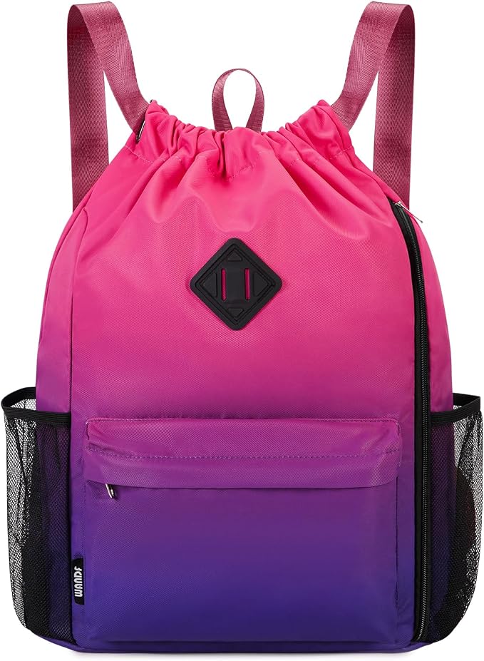 WANDF Drawstring Backpack with Shoe Compartment, Sports Gym Bag | Multi-Pocket Storage, Water-Resistant Fabric, Cinch String Bag