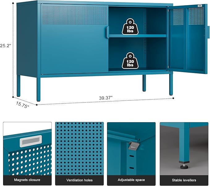 Ustamio Blue Metal Storage Cabinet with Doors and Shelf, 2 Door Locker Storage Cabinet for Home and Office, 2 Tier Low Metal Tv Stand Cabinet