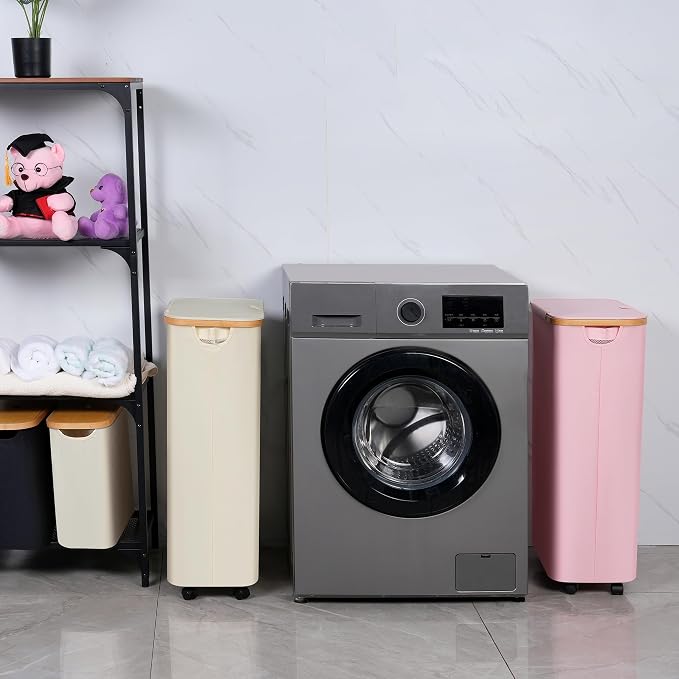 74L Laundry Hamper with Wheels,Clothes Hamper for Laundry Pink | Laundry Basket with Lid and Inner Bag, for Laundry Room, Bedroom, Dormitory Storage,Pink