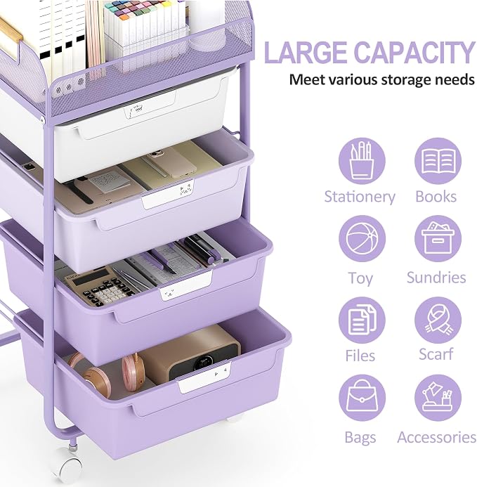 SYKIARIOL 4-Drawer Rolling Storage Cart with Mesh Top, Utility Craft Organizer Cart on Wheels with DIY Labels, Rolling Drawer Cart for Home Office Classroom Bedroom, Purple