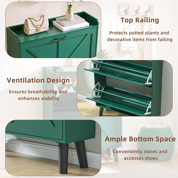 LEYAOYAO Shoe Cabinet Storage for Entryway with 2 Flip Drawers Rack Narrow Organizer Slim Hidden Wood Shoe Cabinet Furniture Green