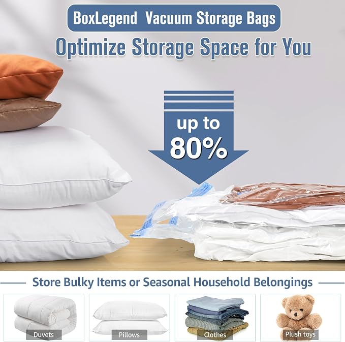BoxLegend Set of 8 Vacuum Storage Bags, Vacuum Bags for Clothing, Vacuum Cleaner, Travel Camping Compression Bag, Reusable for Mattresses, Tents, Clothes, Duvets, Bedding, Pillows