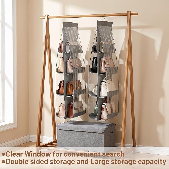 4 Pack Purse Organizer for Closet, Hanging Handbag Storage with 8 Clear PVC Pockets, Purse Organizer for Wardrobe Door Wall, Gray 41x13.5x12.6 Inch